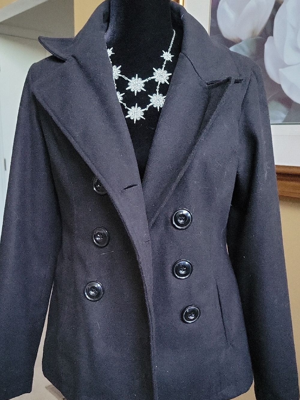 attention Black Double-Breasted Wool-Blend Pea Coat